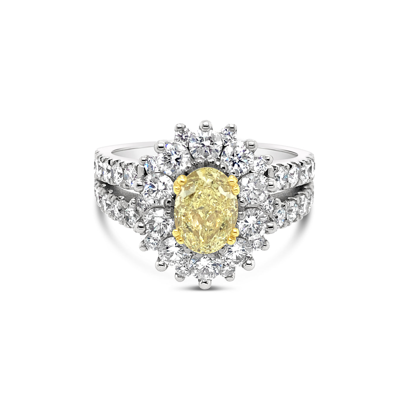 Yellow and White Diamond Cluster in Platinum